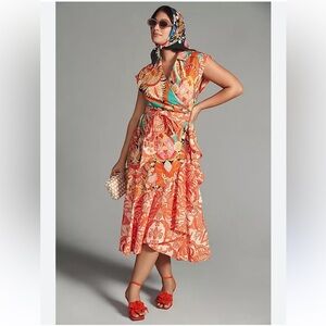 By Anthropologie V-Neck Wrap Dress Orange teal floral Sz XS